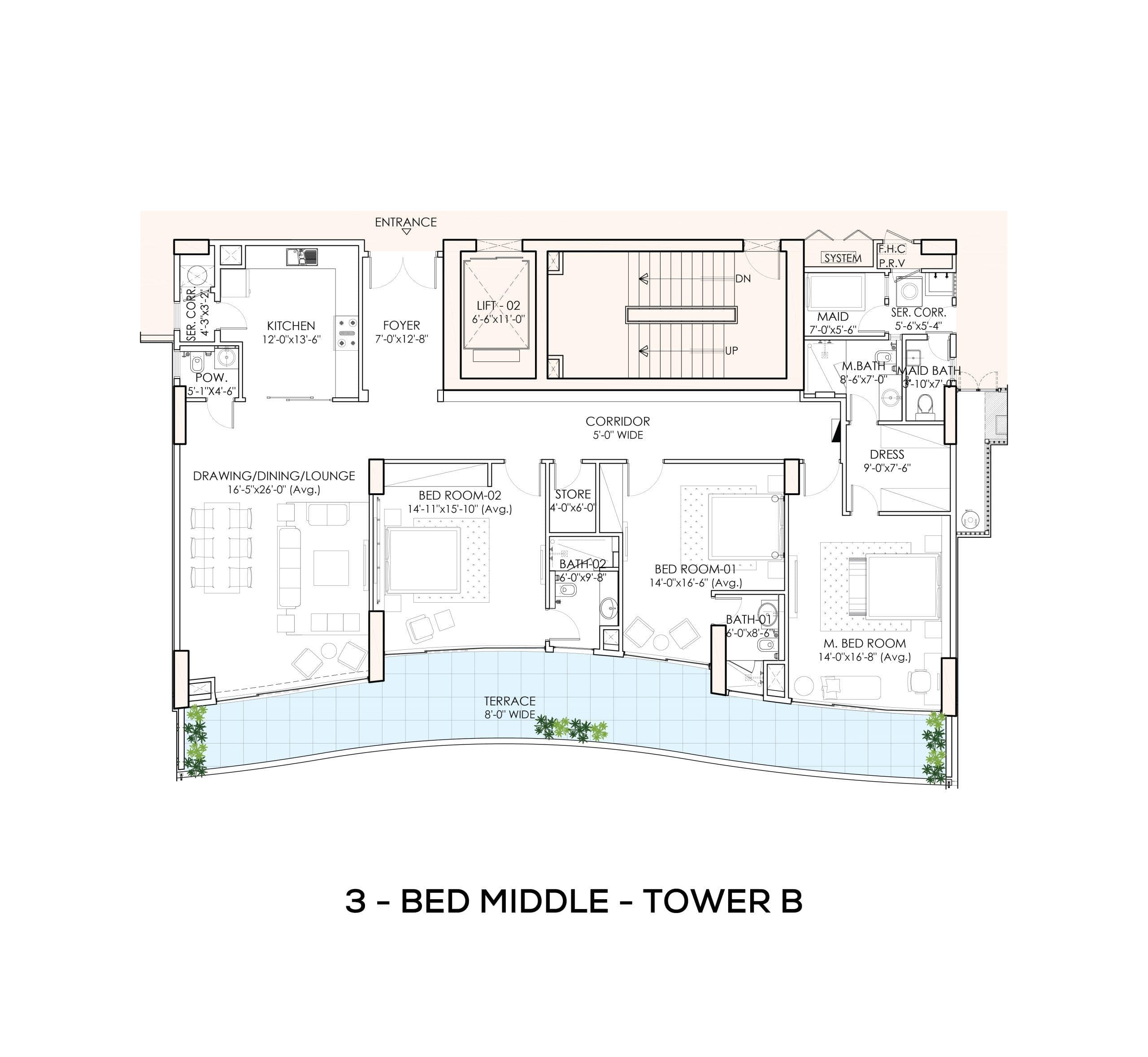Tower B – 3 Bedroom Center Apartment